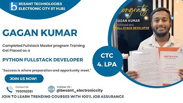 Gagan Kumar Completed #Pythonfullstack Course in Besant Technologies Electronic City (IT Hub). 🎉