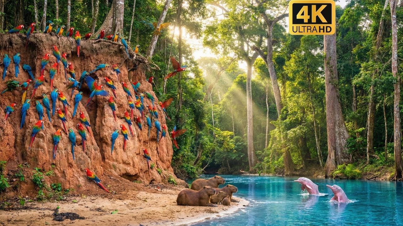 Relaxing Walk in Amazon Rainforest : Peruvian Clay Licks & Parrots ASMR | 4K Pure Nature Sounds 