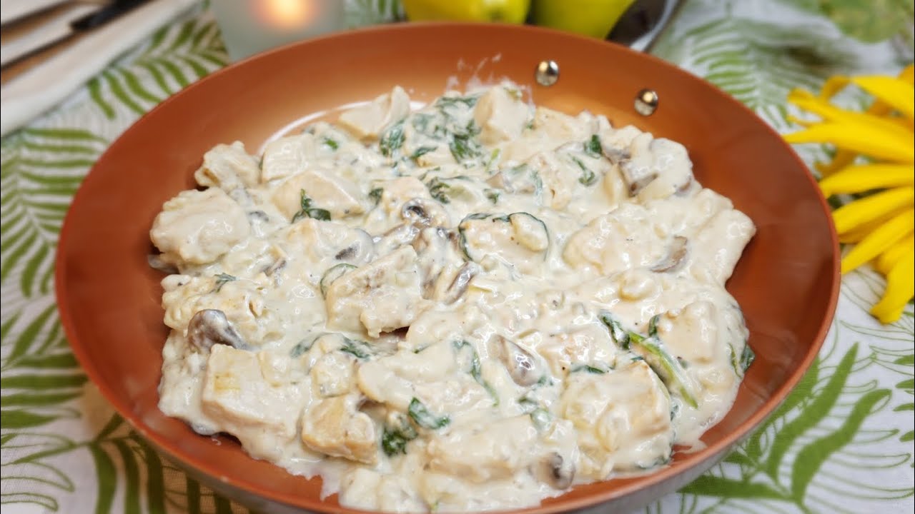 POLLO CREMOSO CON CHAMPIÑONES Y ESPINACAS ECONÓMICO Y SABROSO