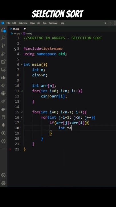 Selection sort - sorting technique in C++ #cpp #coding #vscode #youtube ...