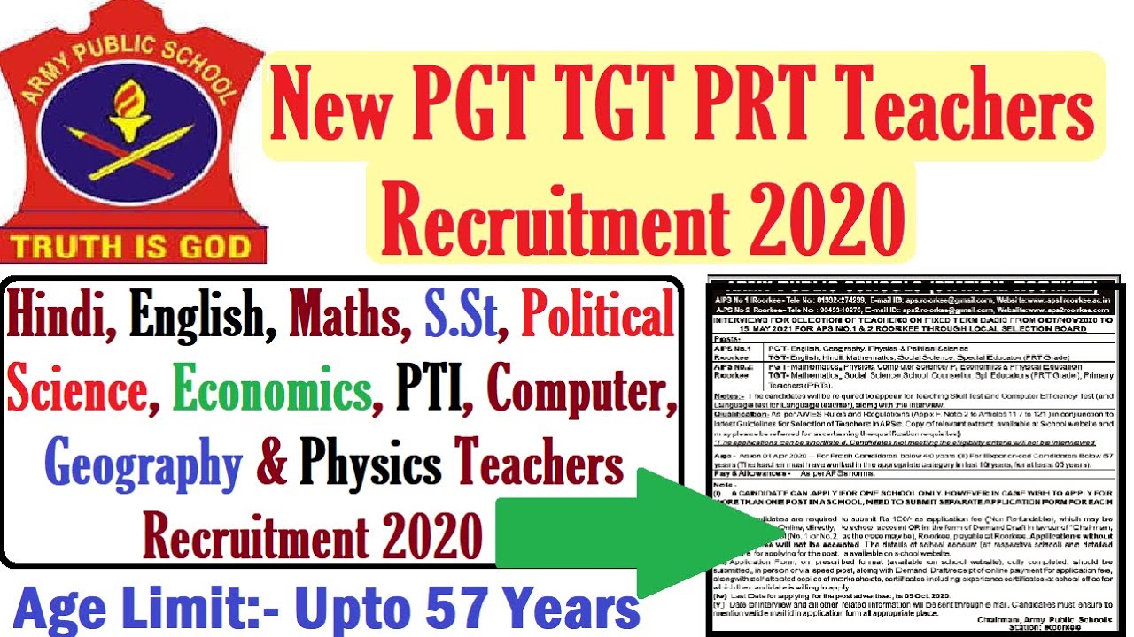 New Primary Teachers Vacancy, PGT TGT PRT Teachers Recruitment 2020, Apply Now, Age 57 years
