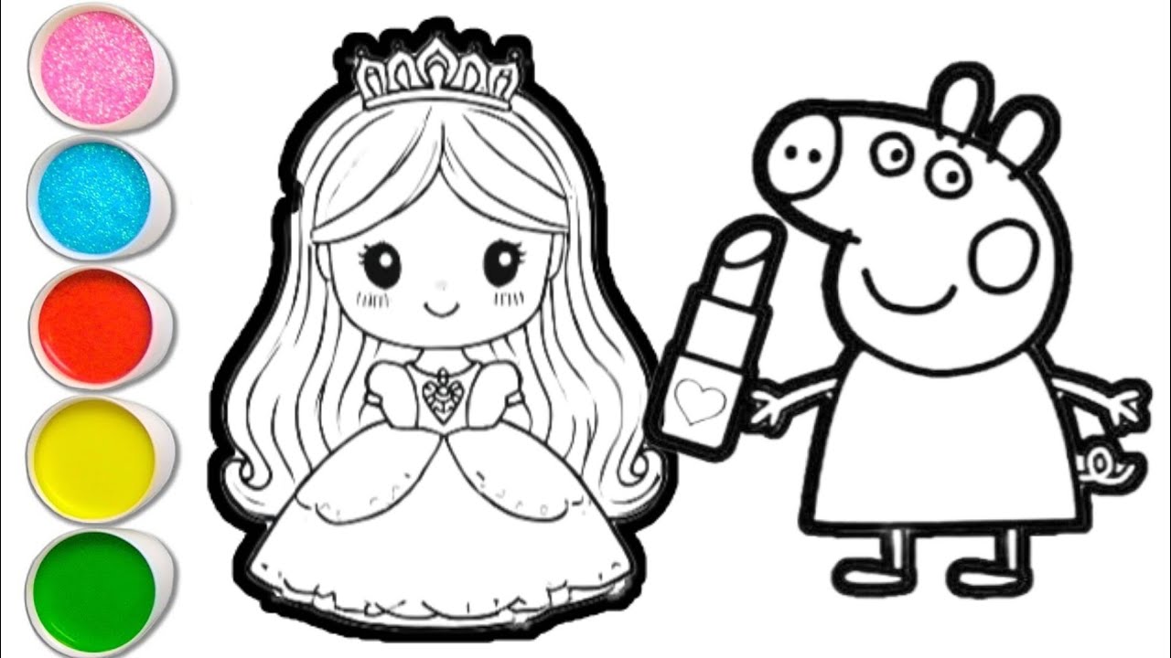 Peppa pig with princess drawing and coloring for kids and toddlers || easy peppa pig drawing for kid