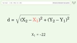 Find the distance between two points p1 (-22,-86) and p2 (-3,-20): Step-by-Step Video Solution