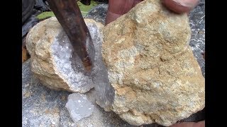 Amy opens a Madagascar Celestine Geode