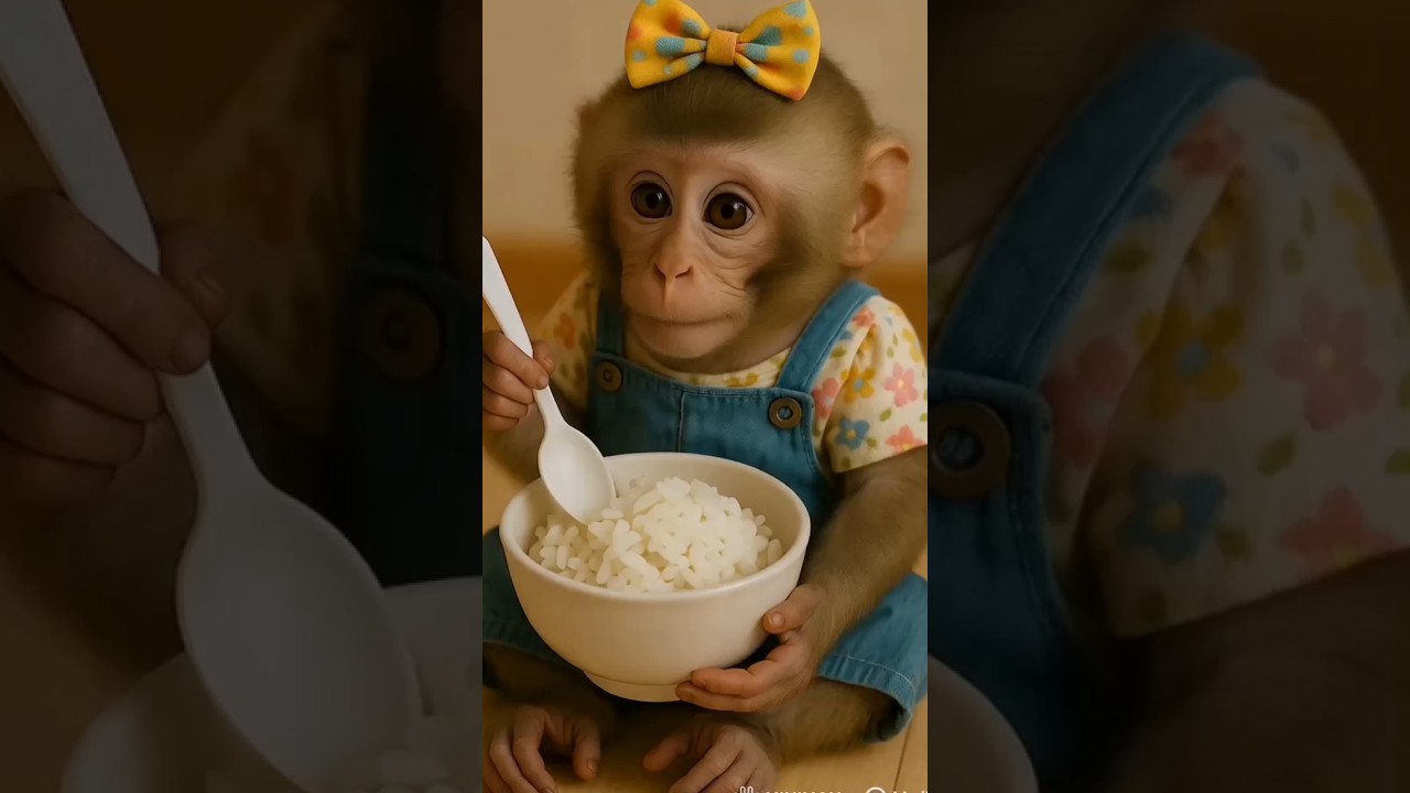cute baby monkey eating rice