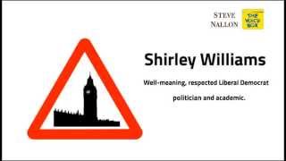 SHIRLEY WILLIAMS - FROM THE STEVE NALLON VOICE BOX
http://www.nallon.com
Follow on Twitter @SteveNallon - more voices at VOICE BOX http://www.nallon.com/?page_id=76
SHIRLEY VIVIAN TERESA BRITTAIN (BARONESS WILLIAMS OF CROSBY) - British politician and academic. Originally a Labour Member of Parliament and Cabinet Minister in the 1970s, Mrs Williams was one of the Gang of Four rebels who founded the Social Democratic Party (SDP) in 1981. Between 2001 and 2004, as Baroness Williams, she served as Leader of the Liberal Democrats in the House of Lord. Also Professor Emerita of Electoral Politics at the John F. Kennedy School of Government at Harvard University. Born in chelsea, Shirley Williams was the daughter of philosopher Sir George Catlin and the feminist writer Vera Brittain.
STEVE NALLONS VOICE BOX is a collection of impressions and characters from the voice artist and actor. The full range of choices can be accessed by clicking the yellow box icon THE VOICE BOX on his website nallon.com - there is also a CONTACT icon at the top of the screen on this site.
The voice recordings have been put together by STUDIO HOUSE. Most formats are available, including MP3 and WAV at high quality recording rates of 48khz and 24bit. The images were created by PROFILE DESIGN. SHIRLEY WILLIAMS - FROM THE STEVE NALLON VOICE BOX