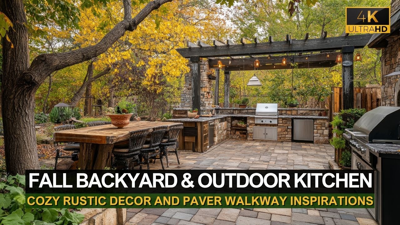 Cozy Fall Backyard & Outdoor Kitchen with Rustic Decor and Paver ...