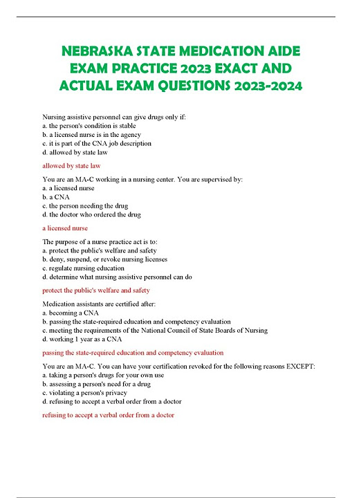 Nebraska state medication aide exam practice 2023 exact and actual exam