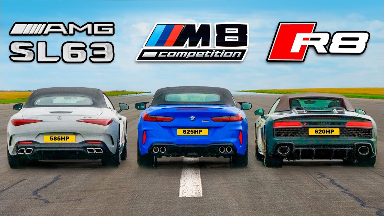 AMG SL 63 vs BMW M8 vs 아우디 R8 - 드래그 레이스!