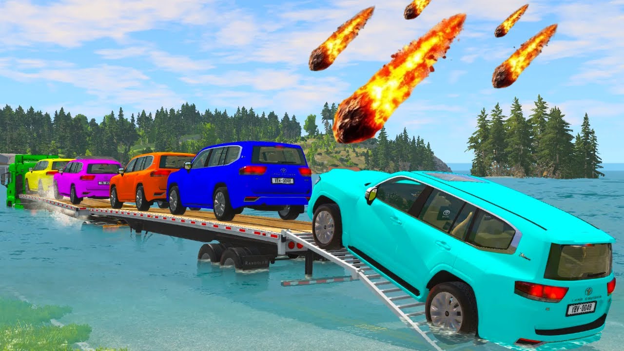 Triple Flatbed Trailer McQueen Transportation with Truck - Speedbumps vs Cars vs Train - BeamNG #13