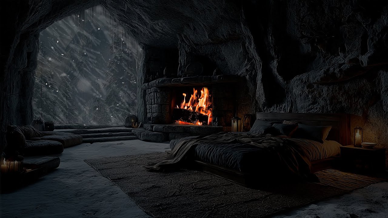 Hide in the Cave when the Snowstorm and Howling Wind | Relax with Crackling Campfire sounds🔥Sleep