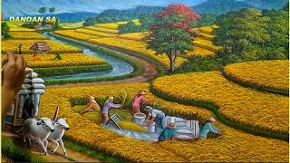 HOW TO EASY TO PAINT THE LANDSCAPE / SCENERY OF A PROSPEROUS VILLAGE / HARVESTING RICE IN THE FIELDS