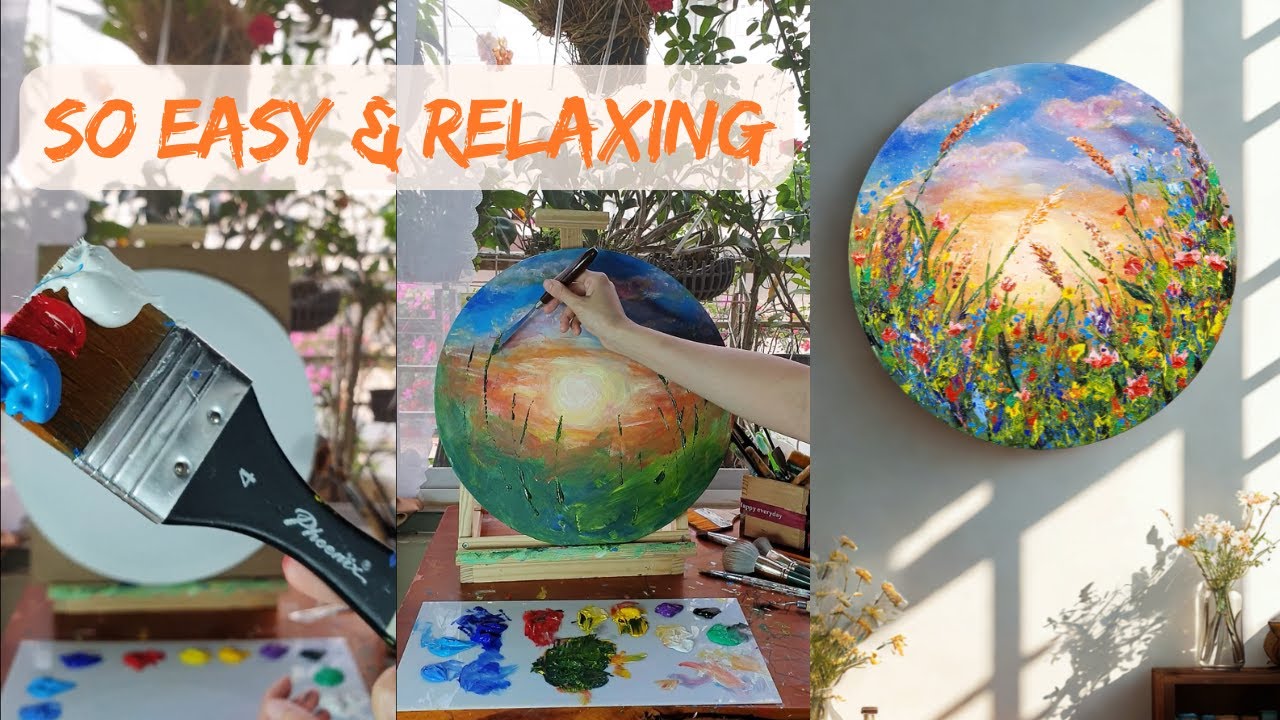 How to Paint a Wildflower Sunset on a Round Canvas | Acrylic Tutorial #05 