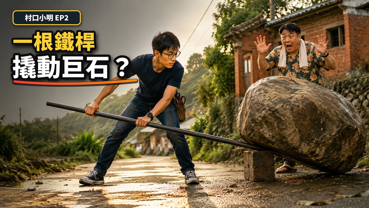 村口小明|四個人都推不動的大石頭,小明只用一根鐵桿? 縮圖
