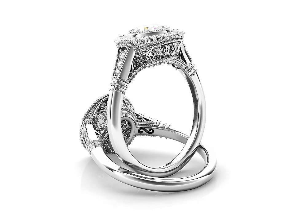 Engraved halo engagement rings