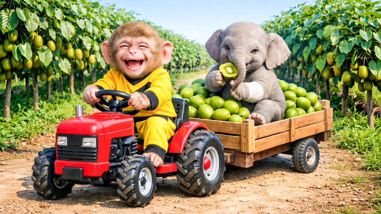 Monkey Drives Tractor to Harvest Kiwi & Rescue a Trapped Baby Elephant! | Monkey Farm Work