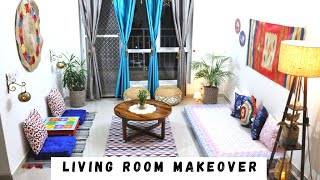 Living Room Makeover without any Furniture| Low Seating living room| Living room setup in low budget