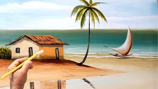 Pintura em tela para iniciantes / Como Pintar  Paisagem praia ( numero 4)