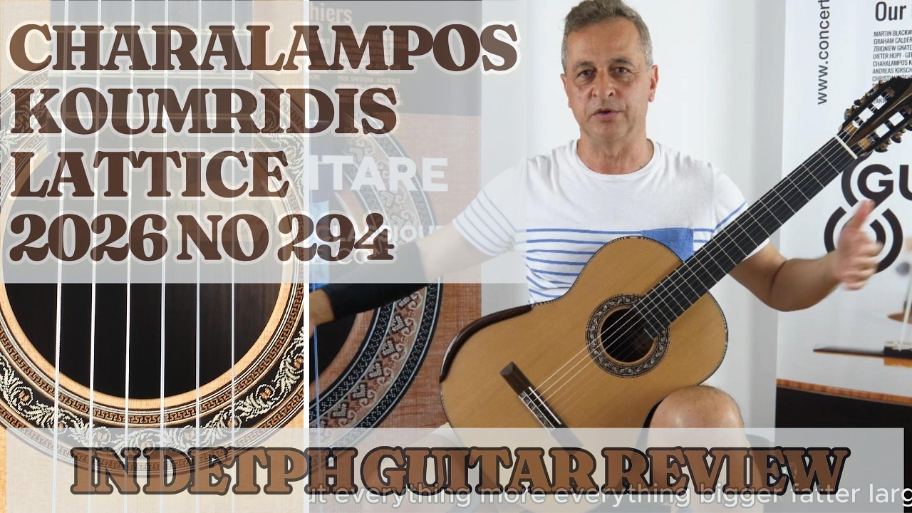 07:25 2. Power loudness
08:41 3. Dynamic change
13:02 4. Playability
14:19 5. Overtones & harmonics
15:45 6. Sustain
16:44 7. String separation
20:51 8. Conclusion

Huge sound, and fantastic tone colors. The Koumridis lattice guitars are getting better and better. . We already said that Charalampos Koumridis is surely our rising star.  This  No 294 includes a frame inside the guitar which reduces the weight of the guitar and allows more dynamics with a traditional tone..

We already said that Charalampos Koumridis is surely our rising star.  The last Koumridis lattice guitars –  that you can listen in our website – just stayed a few days in the shop and have been preferred by players against the cream of the Australian lattice guitars. The least that we can say is that the lattice guitar from Charalampos is awesome. 

The finest concert guitars are available at :
www.guitare-classique-concert.fr
www.concert-classical-guitar.com
www.klassische-meistergitarren.de

For any additional information: contact andre@guitare-classique-concert.fr