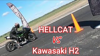 Challenger Hellcat vs 2015 Kawasaki Ninja H2 Standing Half Mile Drag Race Kansas Airstrip Attack