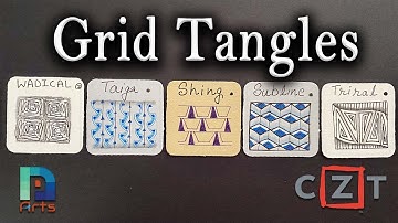 Grid Tangles - Subline, Tiaga, Triral, Wadical, Shing  - CZT - How to draw -Tangle Marathon -Day #14