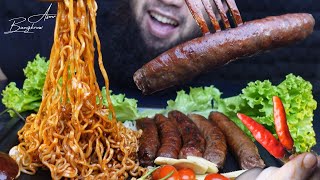 ASMR FRIED SPICY NOODLE & PEPPERONI SAUSAGE EATING SOUND