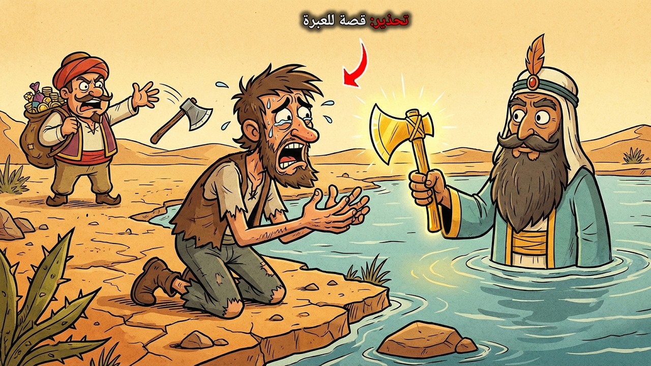 #قصة حطاب بسيط يسرق صديقه الطماع فأسه الوحيدة ويرميه في البحيرة ليجبره على العمل عنده كخادم.