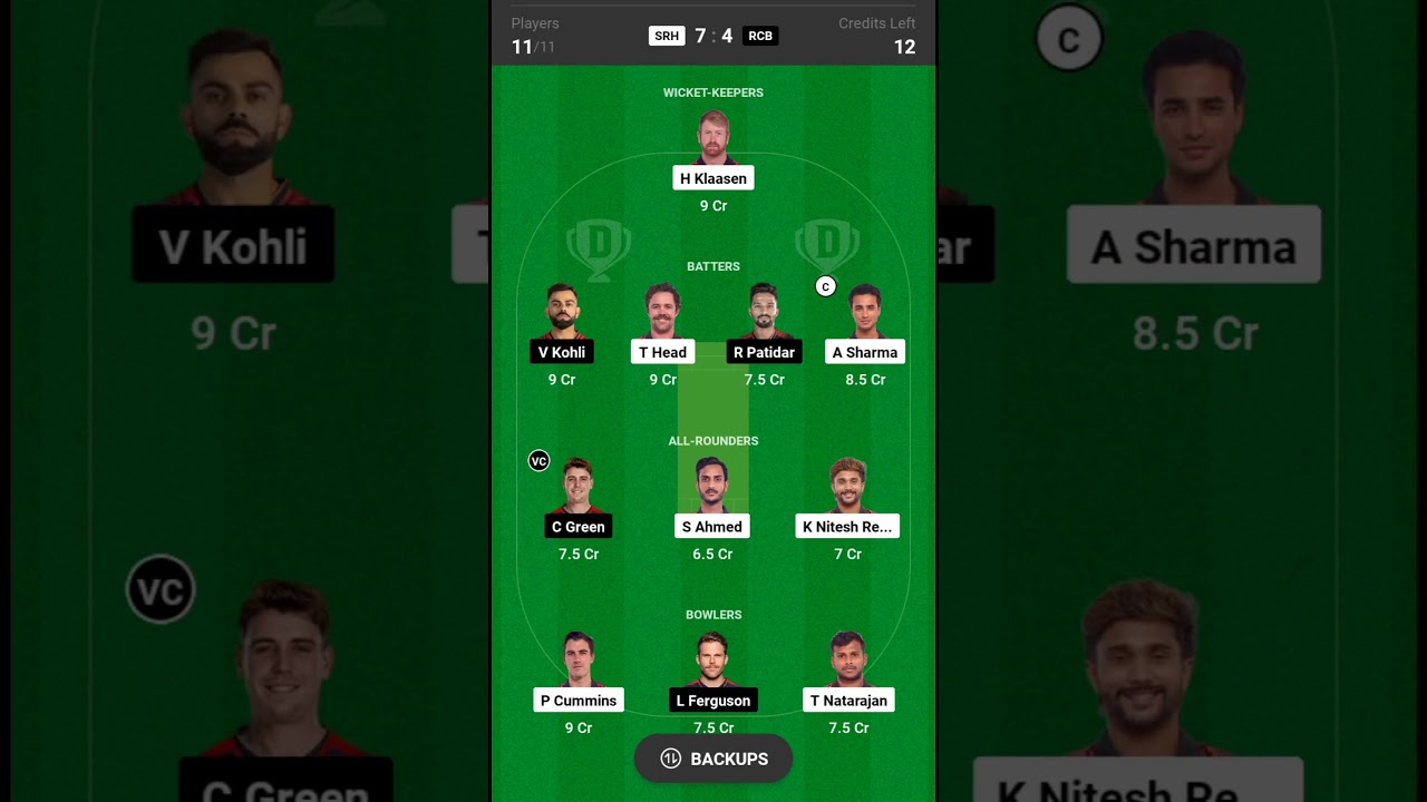 RCB VS SRH DREAM 11 TEAM TODAY MATCH