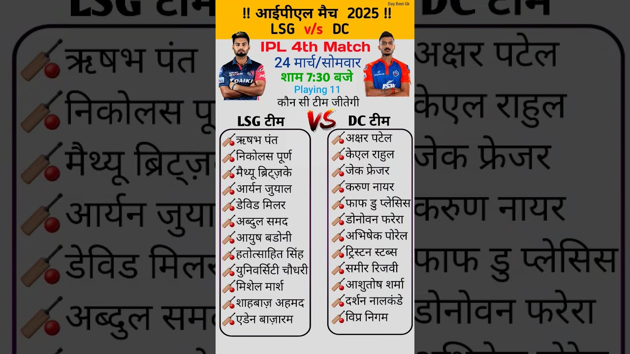 LSG vs DC IPL मैच 2025 | 24 मार्च playing 11 schedule 