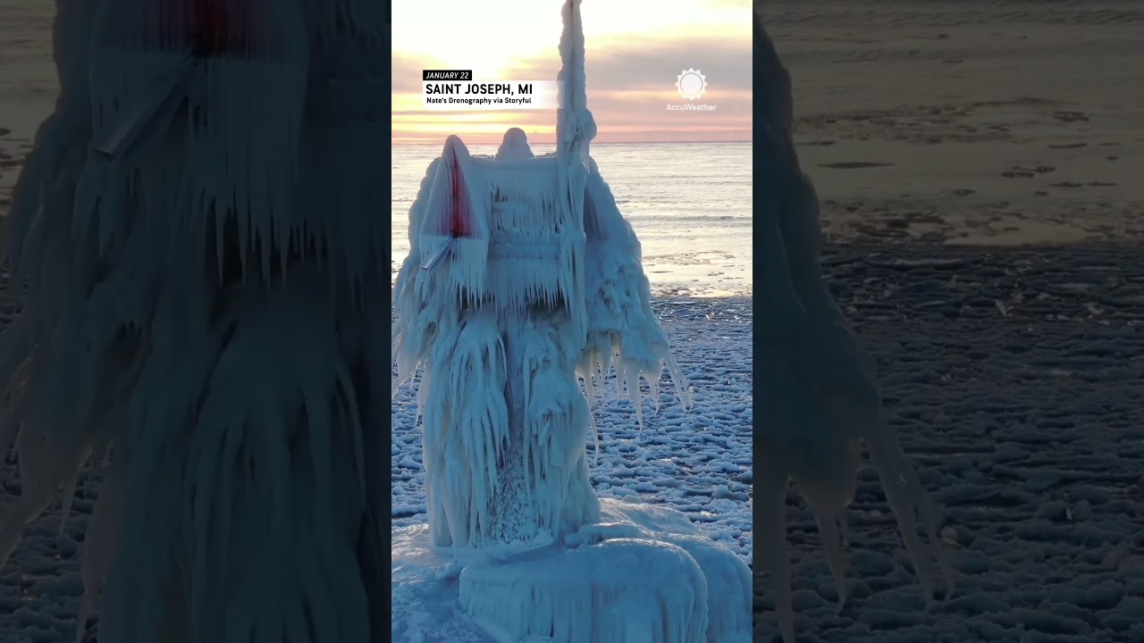 Winter's Magic: Michigan Lighthouse Covered in Glistening Ice