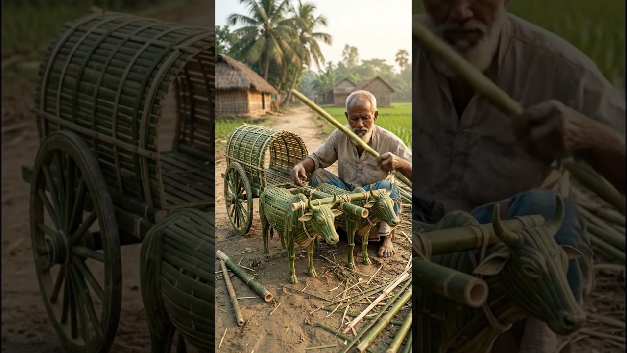 “An elderly man is making a bullock cart using bamboo.”