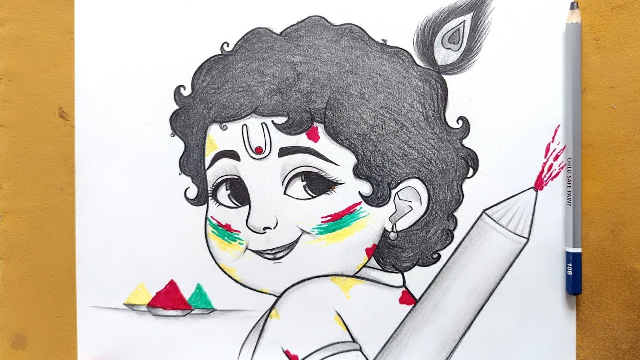 Happy holi krishna || Cute Krishna holi drawing ideas || Easy holi drawing ideas