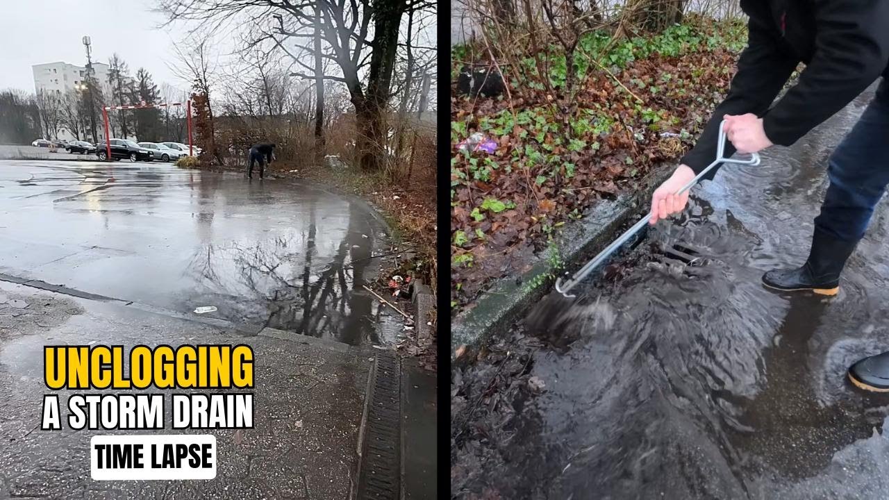#063-3 - Time Lapse - Unclogging a storm drain during rain in Germany ...
