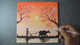 Easy sunset farmer acrylic painting on canvas | Pinoy hard working, Filipino culture ❤️.
