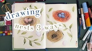 How to Draw Nests   3 Ways  Brush pens, Watercolour, Pastel and Ink