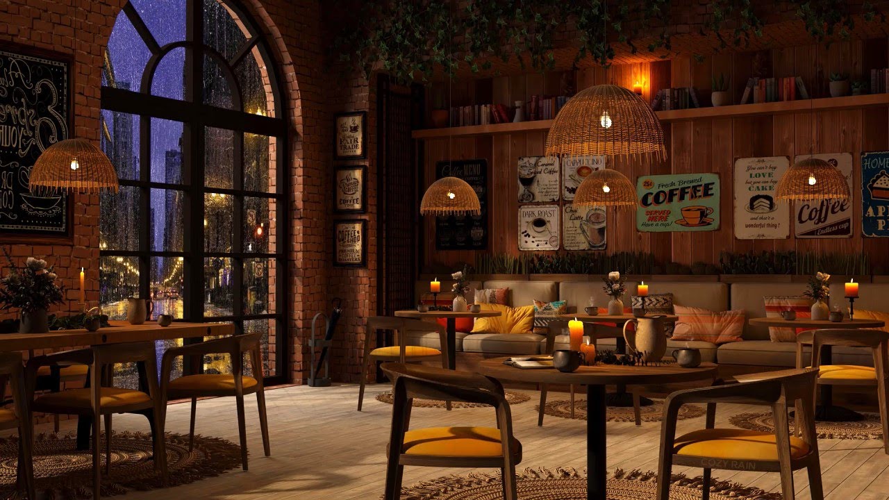 Rainy Night Coffee Shop Ambience with Muffled Jazz Music Playing Slowly and Rain Sounds