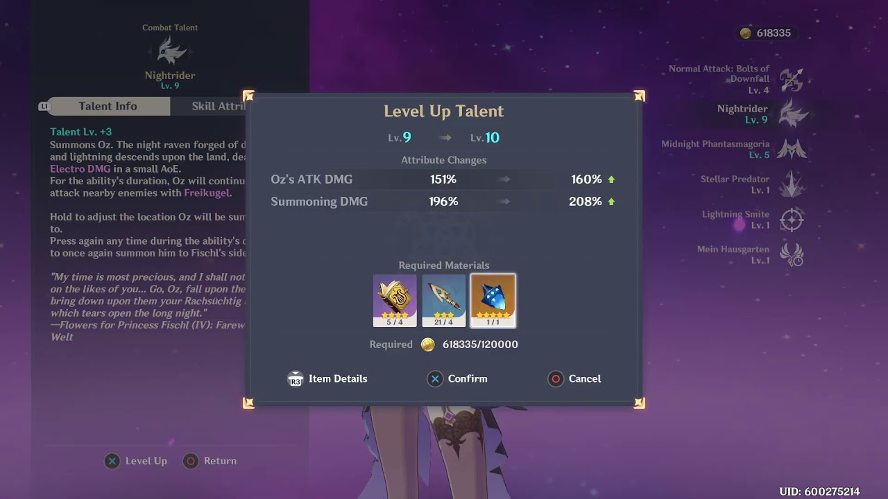 Maxing Fischl Oz Nightrider Talent To Level 10 In Genshin Impact Ps4 Youtube