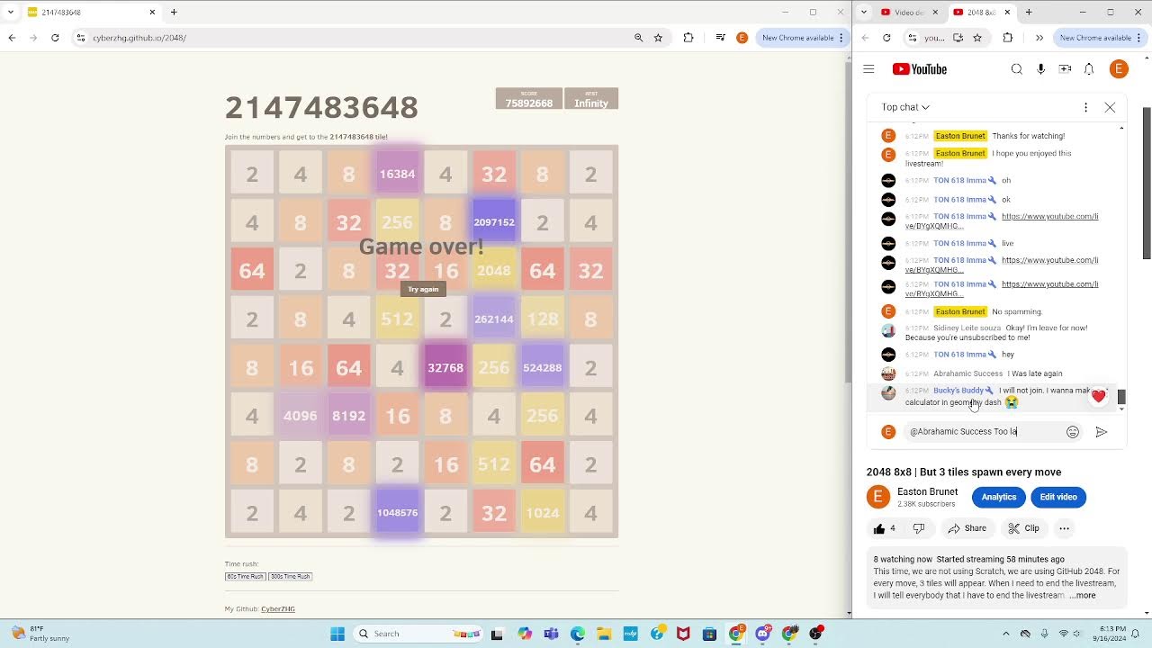 2048 8x8 | But 3 tiles spawn every move - YouTube