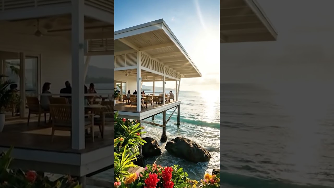 Seaside restaurant wooden deck dining people overlooking ocean 