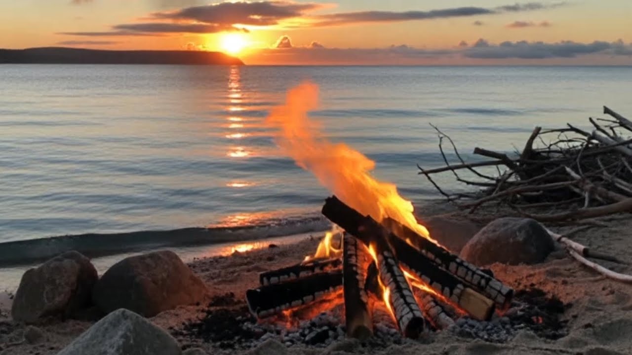 Perfect smoldering campfire with an ocean background