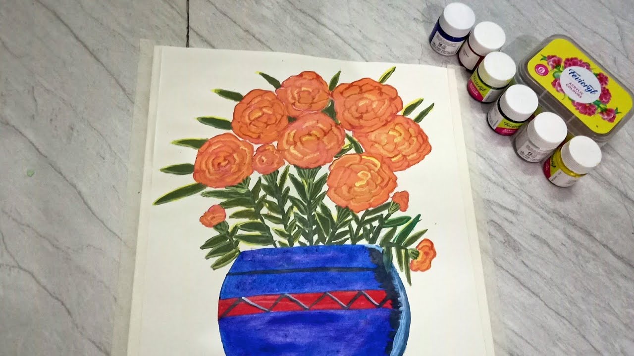 Beautiful Marigold flowers and flower pot painting | Acrylic Painting ...