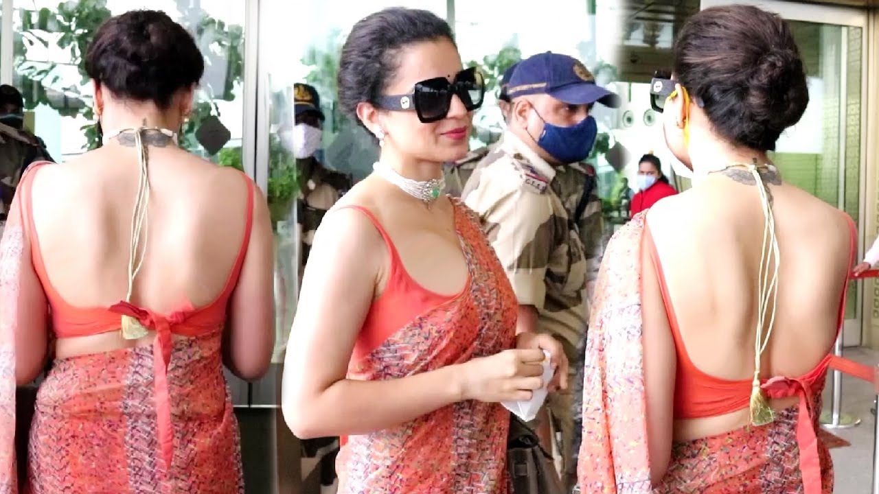 Kangana Ranaut Look Hot In Backless Saree Gets Papped At Mumbai Airport Access Bollywood Youtube