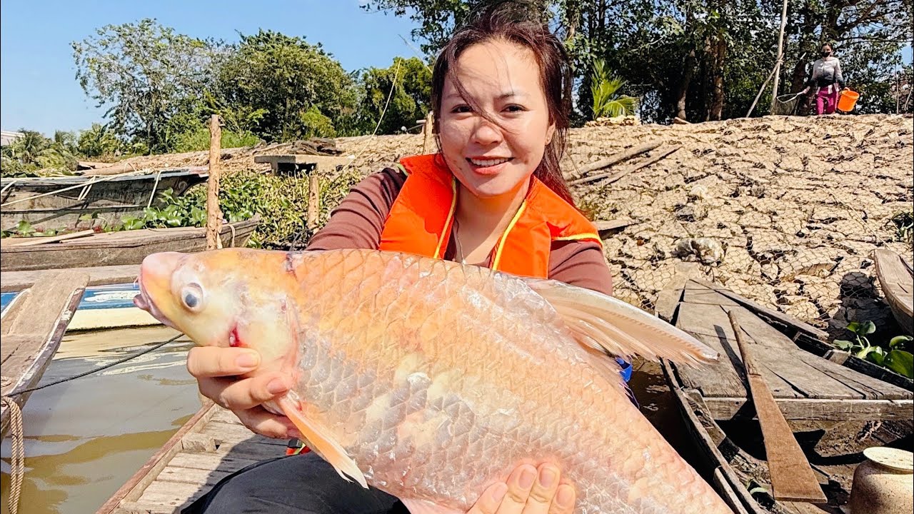 Chèo xuồng chài lưới vô mánh mẻ Tôm Cá Sông quá bự từ Campuchia đỗ về trên thượng nguồn MEKONG