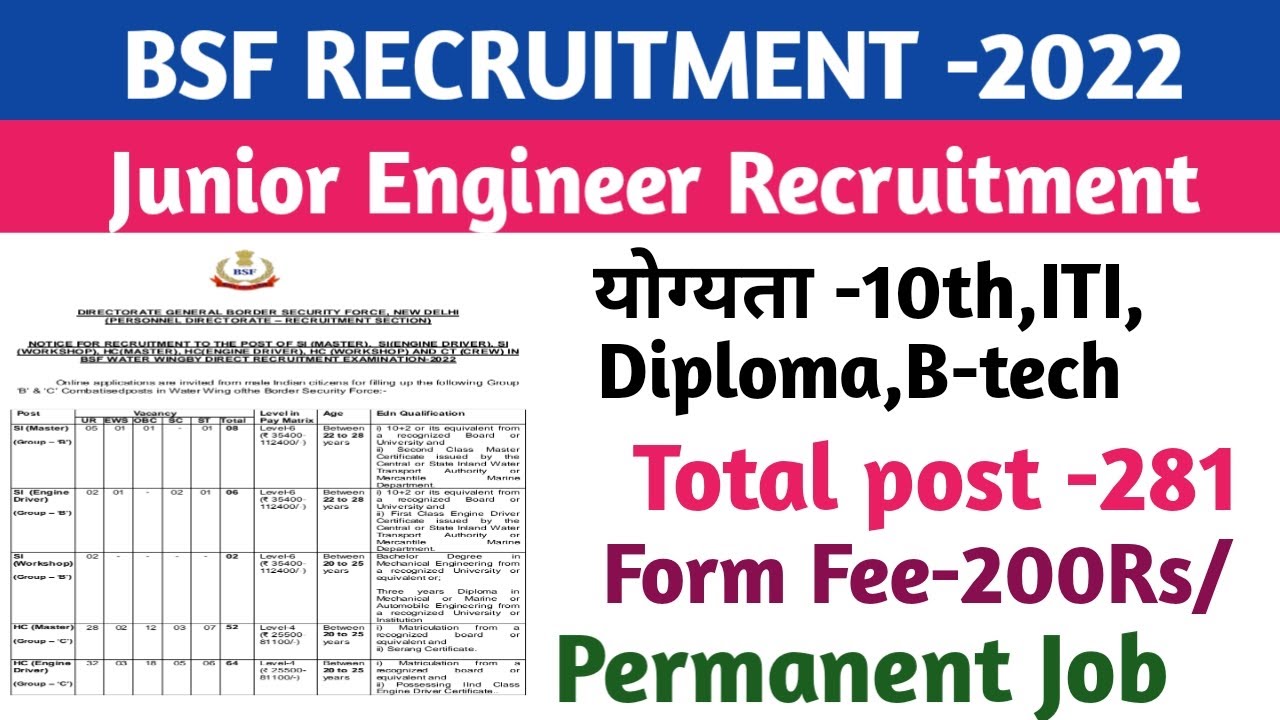 BSF junior engineer recruitment -2022|| sub inspector,head constable ||iti,diploma,B.tech||permanent