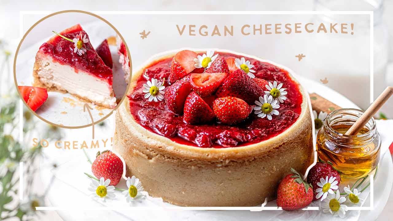 Creamy Baked Vegan Cheesecake with Strawberry Sauce