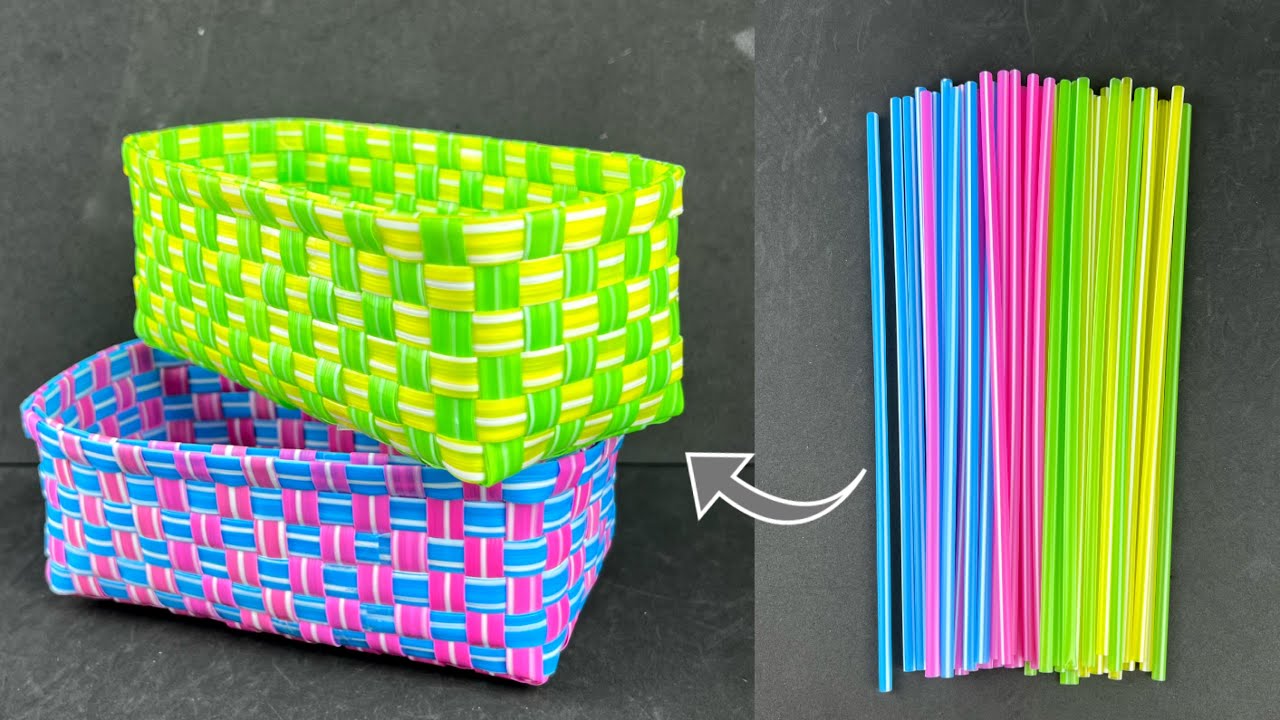 DIY Basket with Plastic Straws. สานตะกร้าจากหลอดพลาสติก