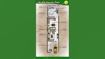 15×60 house plan with car parking, Narrow Plot, color floor plan, 15*60 house design,  #floorplan