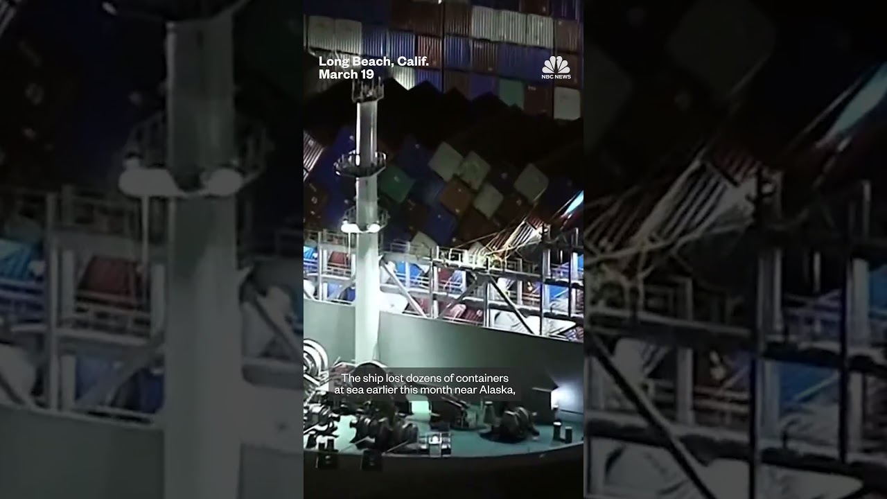 Containers at risk of falling from ship in Long Beach