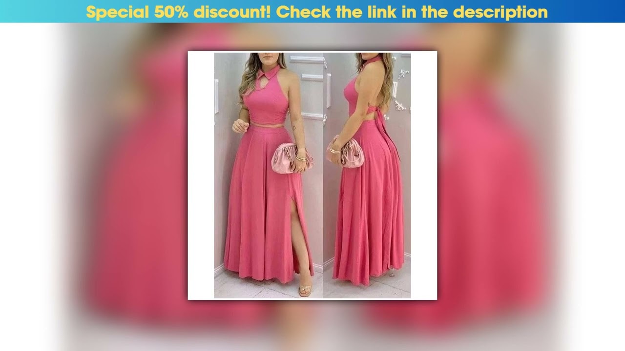 Editor’s Choice Women's Pink Two Piece Set Halter Collar Crop Top Split Maxi Skirt Ideal for Evenin