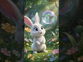 A little rabbit encounters bubbles floating in the forest